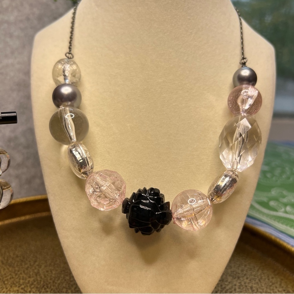 Statement Bead Necklace & Earring Set Clear Pink Gray Black Mixed Beads - Picture 4 of 5